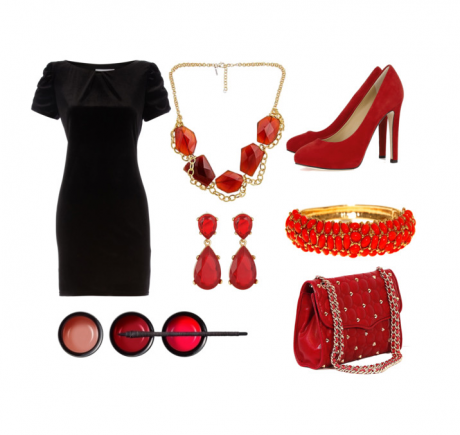 Черна рокля с червени аксесоари