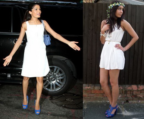 Бяла рокля със сини обувки