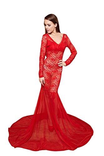 Червена дантелена рокля с дълъг ръкав